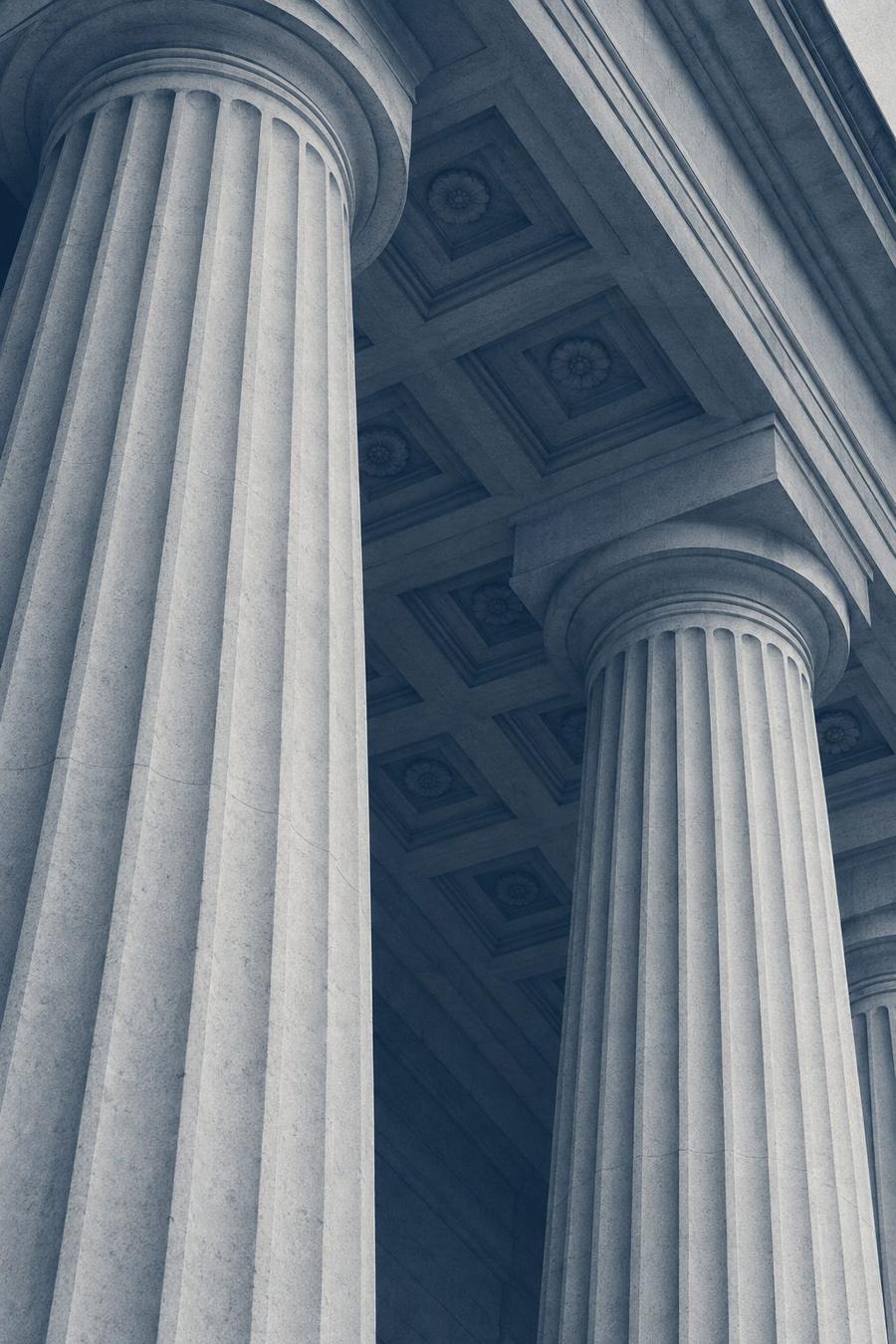 Limestone columns and coffered ceiling of a neoclassical federal building, rendered in navy duotone.